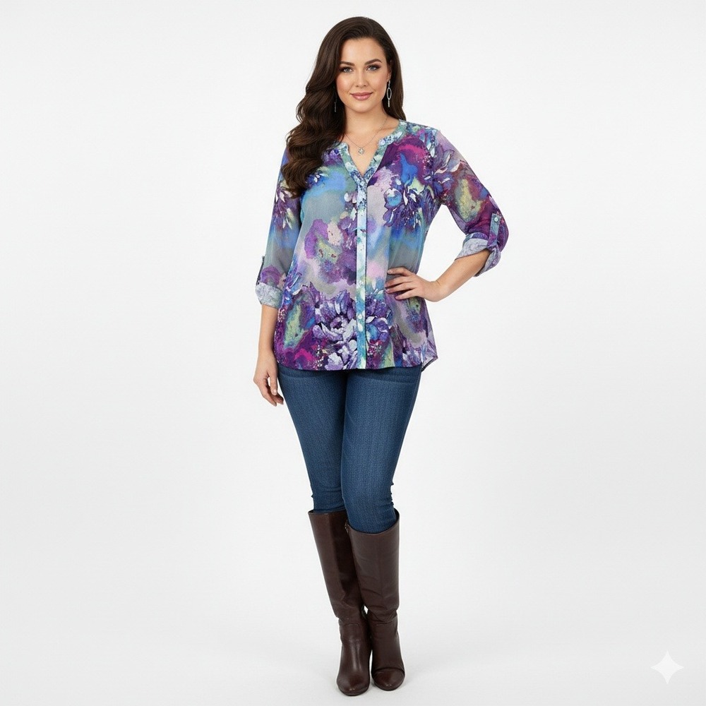 Figueroa and Flower Blouse‎ Womens L Purple Blue Floral Sheer Watercolor Shirt